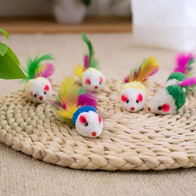 Cat Toys, 6 Pack Furry Rattle Mouse Toy Interactive Cat Toy with Feather Tail, 6 Assorted Faux Fur Kitten Toy 5.5” Realistic Size Mini Mice Cat Toy for Bored Indoor Adult Cat