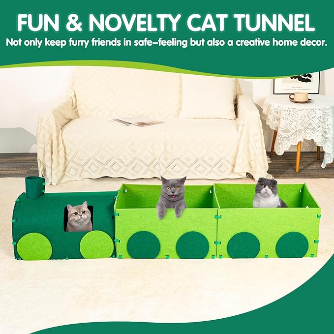 Cat Tunnel Train with Scratching Board, Cat Interactive Toys 51" Non-Foldable Rebound Felt Cute Pet Tube Round Indoor Pet Toy & Hideout for Small Medium Kitten