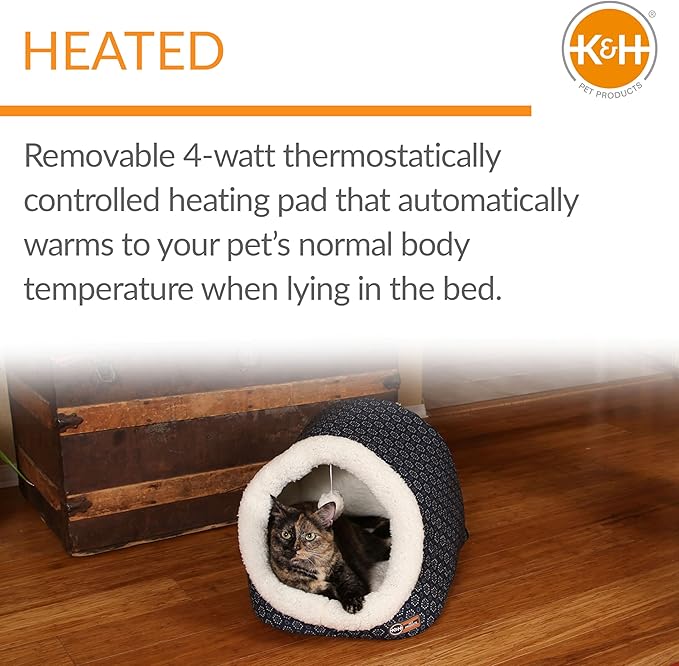 K&H Pet Products Thermo-Pet Cave Heated Cat Bed for Large Cats, Indoor Heated Warming Bed for Dogs & Cats, Covered Cave Pet Tent, Collapsible, Machine Washable, Safety Listed - 17 X 15 X 13in Navy