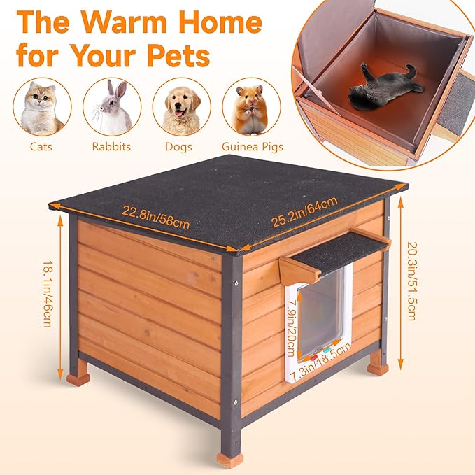 Insulated Cat House Outdoor, Wooden Feral Cat Shelter Weatherproof with Thickened Insulated Liner Keep Warm in Winter for Intdoor Cats, Dogs