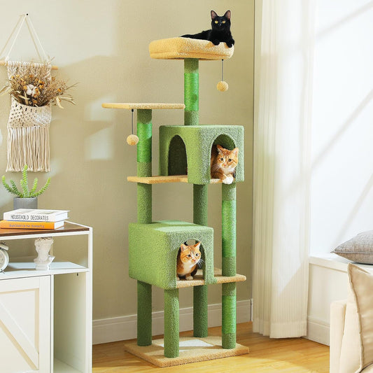 Cactus Cat Tree, 62-Inch Large Cat Tower for Multi-Cat Households w/Scratching Posts, Multi-Level Condo w/Cozy Top Perch & Scratching Pad, Padded Platform, 2 Pompoms, Green