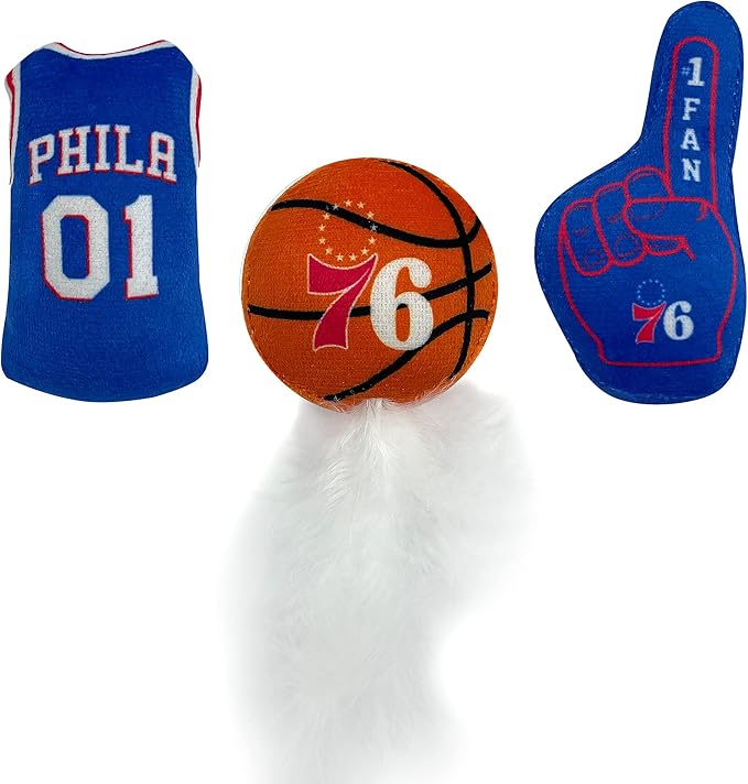 Best Plush CAT Toy - NBA 76ERS Complete Set of 3 Piece Cat Toys Filled with Fresh Catnip. Includes: 1 Jersey Cat Toy, 1 Basketball Cat Toy with Feathers & 1#1 Fan Cat Toy. Beautiful Team Logos