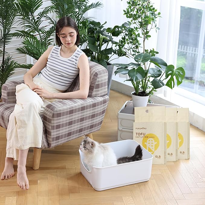 FUKUMARU Tofu Cat Litter, 100% Natural Ingredients Litter, Flushable, Dust Free, Quick Clumping, Lightweight, Low Tracking Cat Litter Pellets, Effective Odor Control, Unscented, 18 LBS (3 Packs)