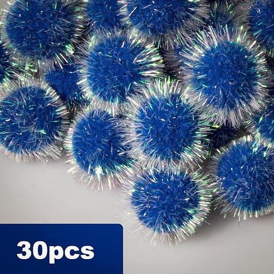 VAPKER 30 Pcs Cat Ball Toys Sparkle Balls Extra Large 2 Inch Cat's Favorite Chase Glitter Ball Glitter Tinsel Pom Poms Balls Dark Blue Color