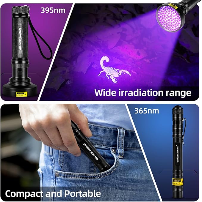 100 LED UV Black Light Flashlight (395nm) with Mini UV Pen Light(365nm) - Dual Wavelength Ultraviolet Light for Pet Urine Detection, Scorpion Hunting, Resin Curing, Counterfeit Money & Leak Detection
