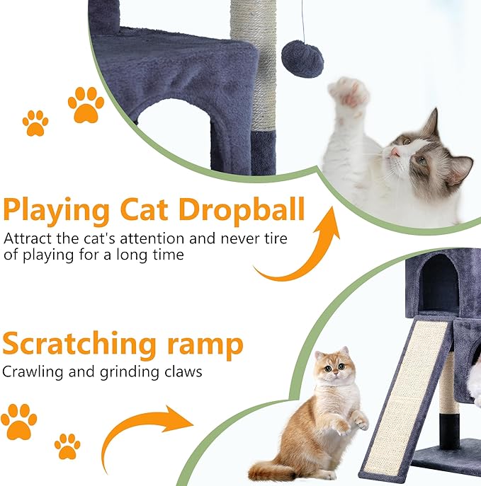 FDW Cat Tree for Indoor Cats 36 Inches Cat Tower Multi-Level Indoor Cat Play Condo House with Scratching Posts, Spacious Perch, Sisal Posts and Dangling Toys (Dark Grey)