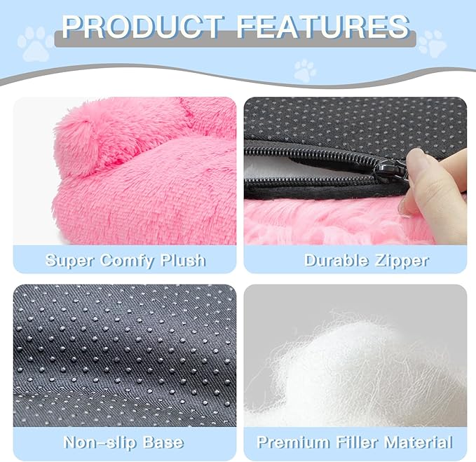 Cat Couch Bed for Indoor Cats, Calming Pet Sofa Puppy Sleeping Bed with Removable Washable Cover, Cute Dog Couch and Kitty Lounge Chair for 18lbs Cat & Small Dogs(Plush Pink)