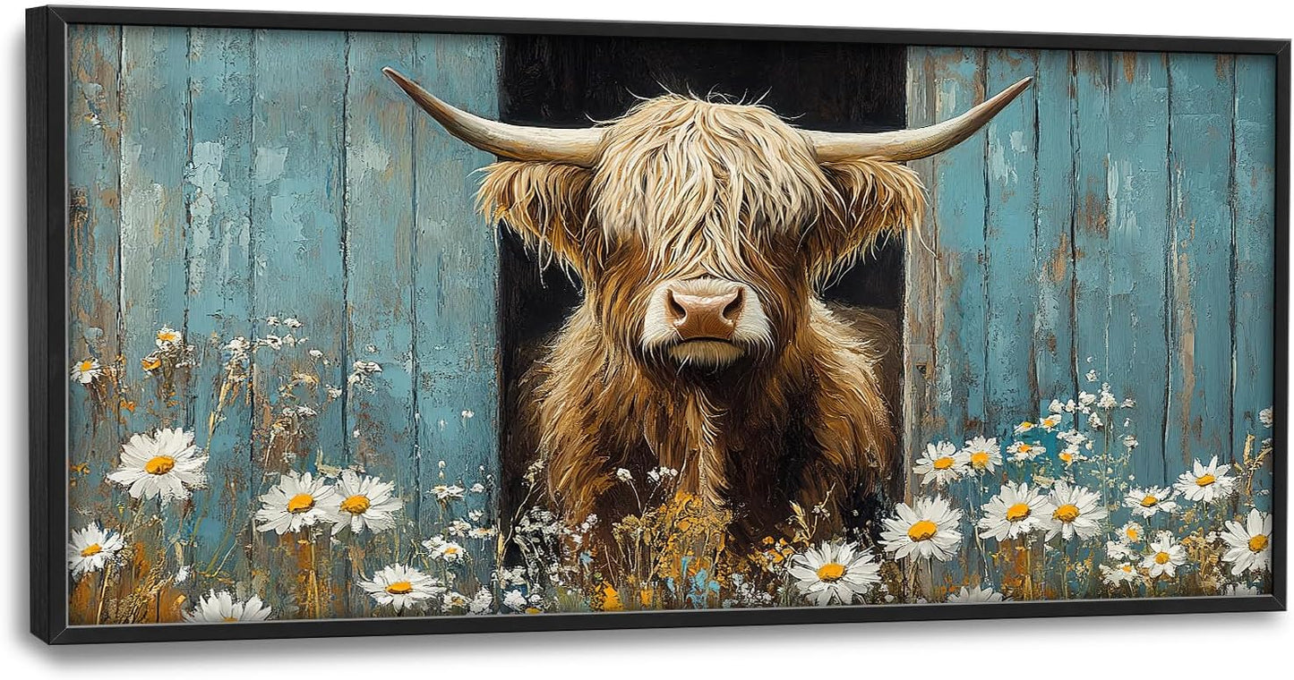 Large Farmhouse Highland Cow Country Wall Art for Living Room, Floral Canvas Oversized Wall Decor, Daisy Flower Animal Framed Pictures Painting Print Artwork for Bedroom Office 60"L x 30"W