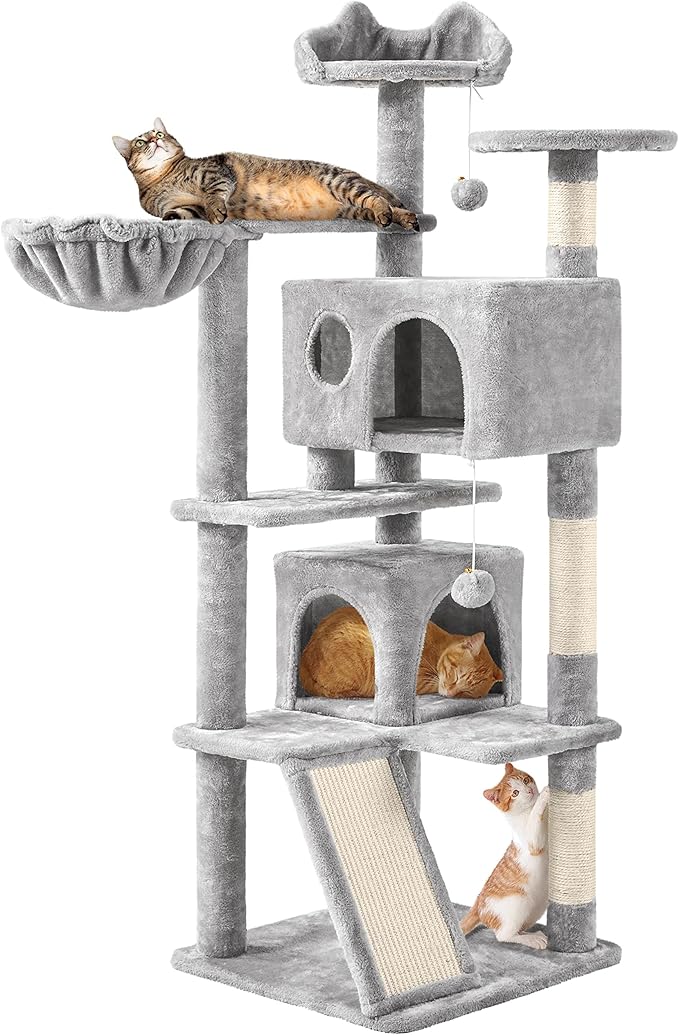 Topeakmart Cat Tree, 57 inches Multi-Level Cat Tree Tower with Scratching Posts, Cat Condo and Basket Kitten Activity Center, Light Gray