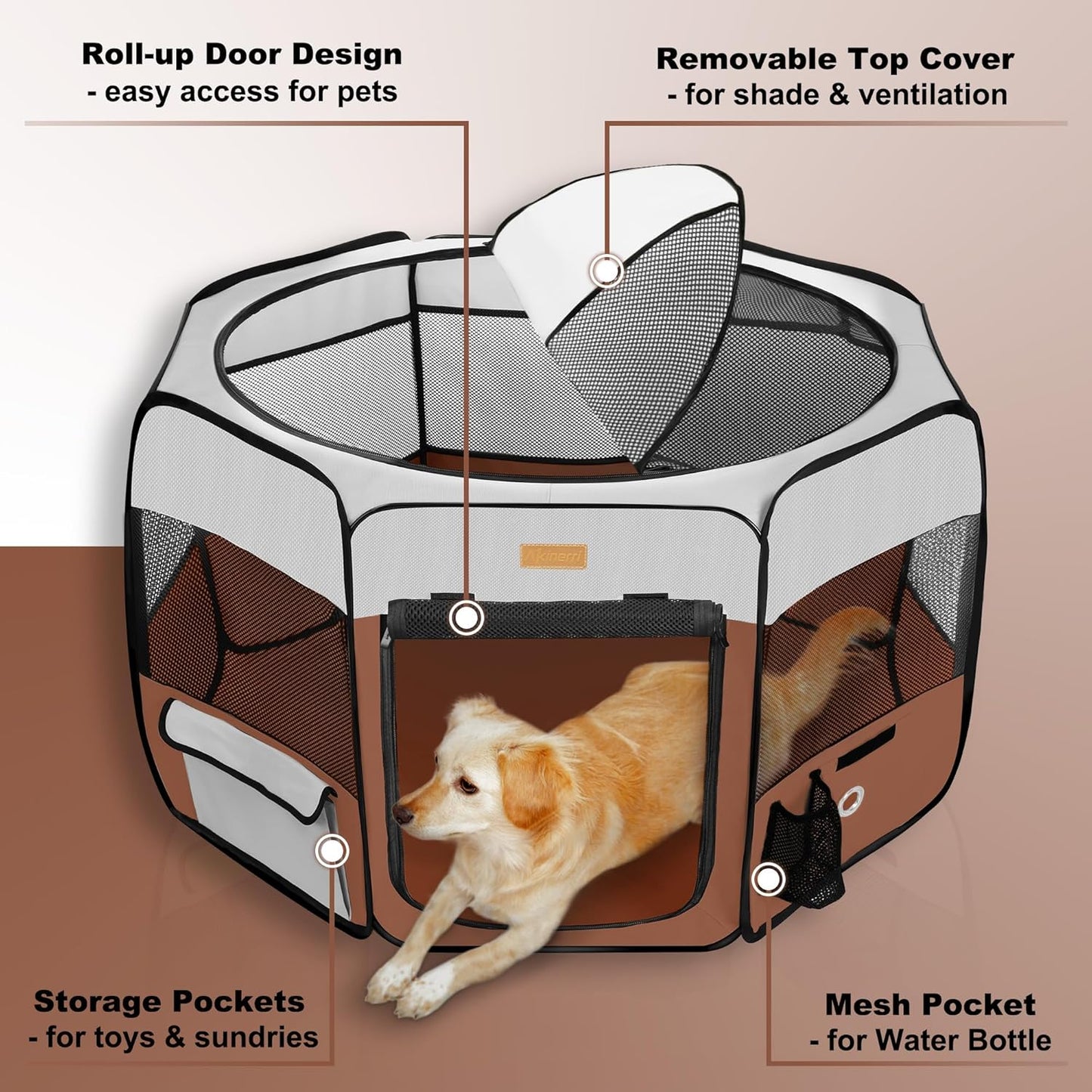 Dog Playpen, Portable Pet Play Pen for Cat, Puppies, Rabbits, Chickens, Foldable Large-Capacity Pet Tent for Indoor/Outdoor Travel Camping Brown