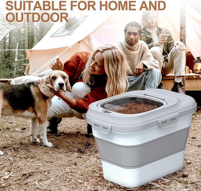 Dog Food Storage Container, 10-13lbs Collapsible Dog Cat Food Containers with Airtight Clear Flip-top and Pet Food Scoop, Pet Food Storage Container Bin for Dog Cat Bird and Other Pets Grey
