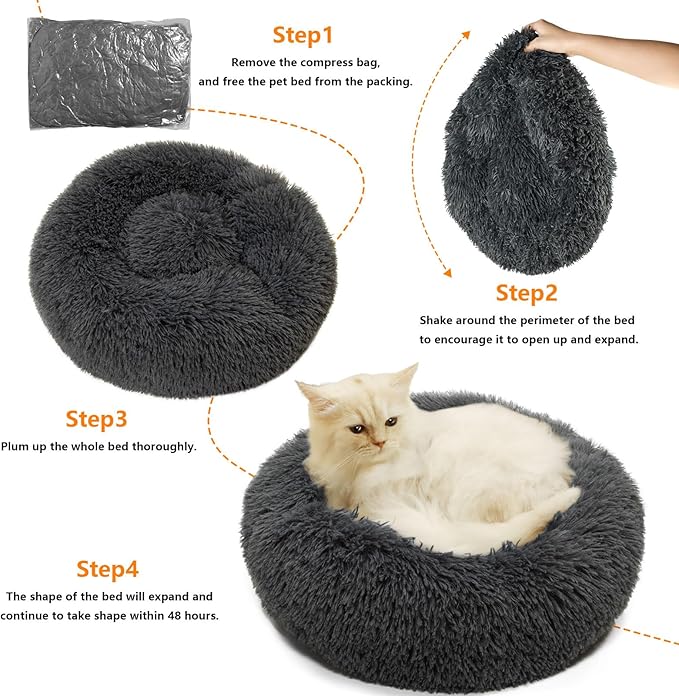 Dog Bed, Fluffy Round Pet Bed Non-Slip, Calming Soft Plush Donut Cuddler for Indoor Small Dogs Kittens, 15 inches Cat Bed Machine Washable, Dark Gray