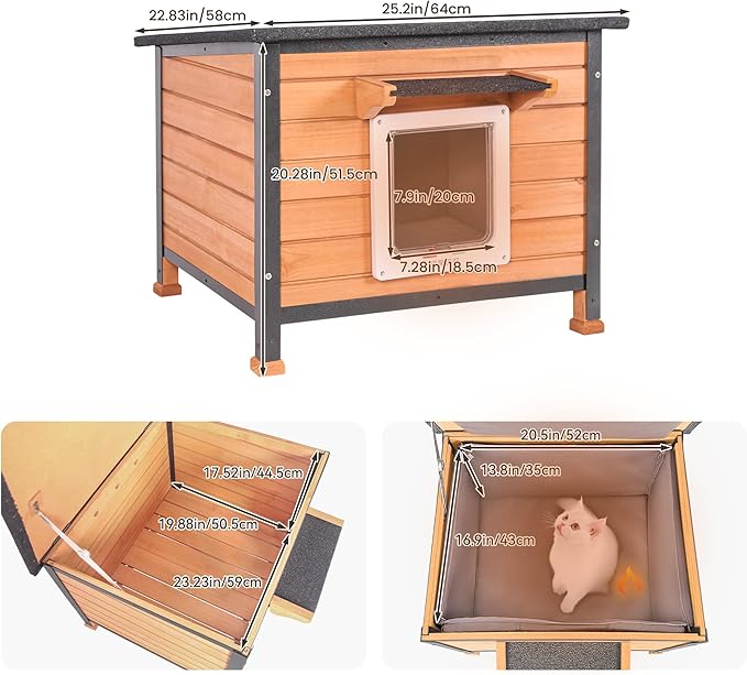 Outdoor Insulated Cat House Weatherproof for Winter, Feral Cat Shelter with Insulated Liner, All Round Metal Frame Wooden Condos, Indoor and Outdoor Use for Cat, Rabbit and Small Animal