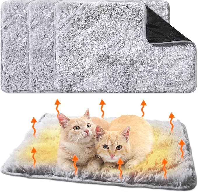 4 Pack Self Warming Cat Bed Pad Self Heating Dog Mat with Fluffy Faux Fur Plush Cat Calming Bed Thermal Mat Washable Pet Pad Anti Slip Bottom for Outdoor Indoor Pets(Grey,19" X 29")
