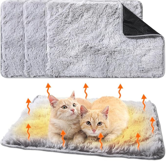 4 Pack Self Warming Cat Bed Pad Self Heating Dog Mat with Fluffy Faux Fur Plush Cat Calming Bed Thermal Mat Washable Pet Pad Anti Slip Bottom for Outdoor Indoor Pets(Grey,19" X 29")