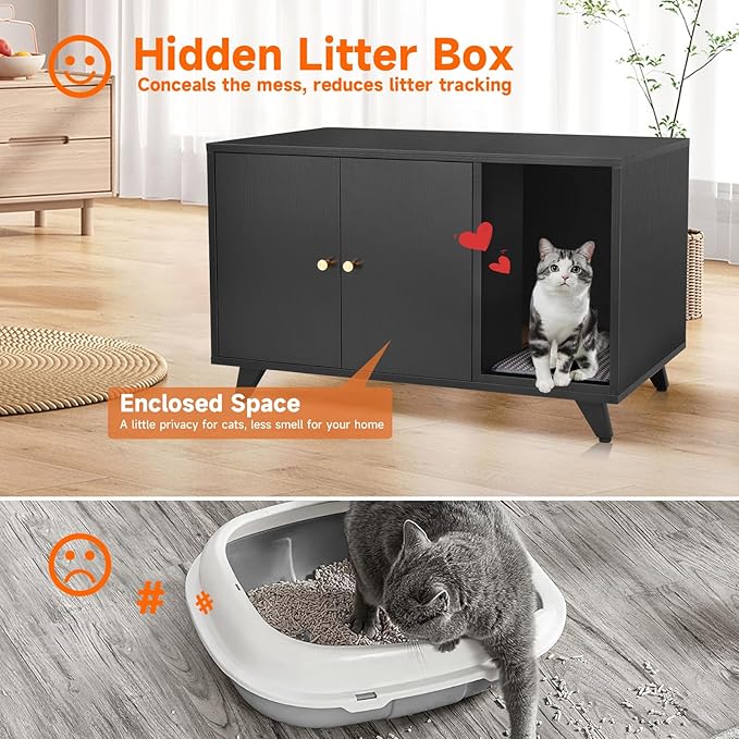 Cat Litter Box Enclosure, Hidden Litter Box Furniture Washroom Storage Cabinet, Modern Cat House with Scratche Pad (Black)