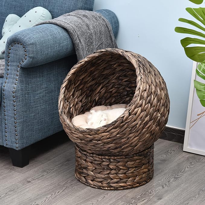 PawHut Handwoven Elevated Cat Bed with Soft Cushion & Egg Chair Shape, Basket Kitty House with Stand, Raised Wicker Cat Bed for Indoor Cats, 23.5" H, Gray