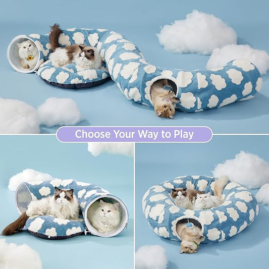 Lesure Large Cat Tunnel Bed - Cute Donut Bed for Indoor Cats with Washable Circle Cushion, Round Pet Peekaboo Cave Toy for Multi Kitten/Puppy/Rabbit, Large Blue