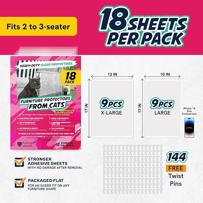 Panther Armor 18-Pack Furniture Protectors from Cat Scratch - Couch Guards for Cats - Clear With 144 Pins (PARM12288)