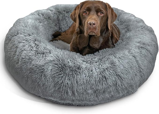 Best Friends by Sheri Original Calming Donut Dog and Cat Bed, Shag Faux Fur, Gray, (36in x 36in) - Anxiety Relief for Pets Up to 100 lbs
