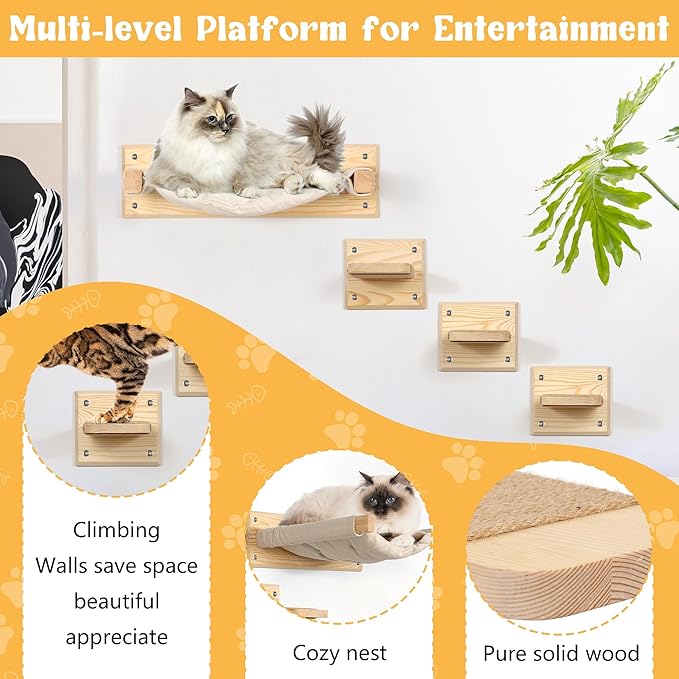 Luxury Wooden Cat Furniture with Double Hammock & Steps | Stylish Modern Hammock | Multi-Level Wall Furniture with Sisal | Premium cat Bed | cat Shelves for Wall | Wall Mounted cat Furniture