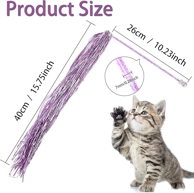 2PCS Cat Wand Toy, Interactive Cat Toy with Shiny Tassel and Loud Jingle Bell, Crystal Beaded Crown Cat Feather Replacements for Indoor Cats Kitten Play Chase Exercise, 26 Inch Long
