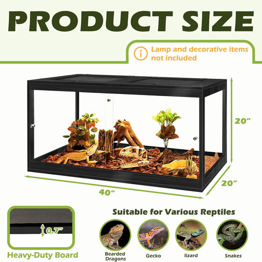 Prolee Tempered Glass Bearded Dragon Tank,Reptile Encloure and Snake Tank with Metal Mesh Roof Door,Locking Design Reptile Tank for Lizard,Gecko,Chameleon (Black, 63 Gallon (40x20x20 Inch))