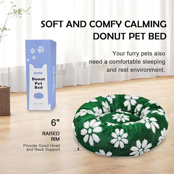 Donut Dog Beds for Small Dogs, Calming Round Cat Beds for Indoor Cats, Cute 3D Textured Flower Pet Bed with Removable Washable Cover and Anti-Slip Bottom（Green，20"）