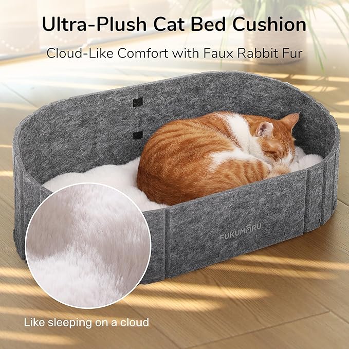 FUKUMARU Cat Beds for Indoor Cats, 24 Inch Large Cat Couch Bed with Cozy Faux Rabbit Fur Cushion, Felt Cats House Sofa in Oval Shape, Grey