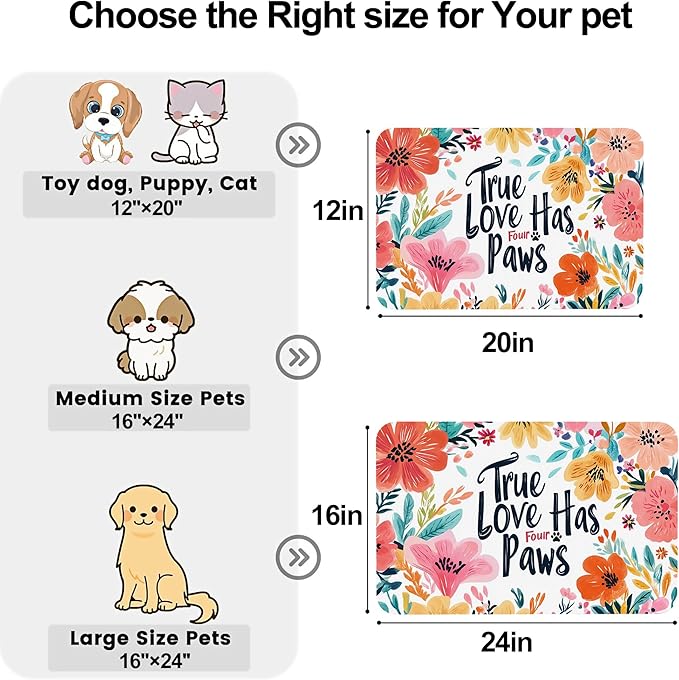 True Love Floral Dog Cat Food Mat-Absorbent Placemat for Food and Water Bowl, Waterproof Non Slip Rubber Backing Dog Food Mats for Floors, Pet Supplies 16 * 24 inch