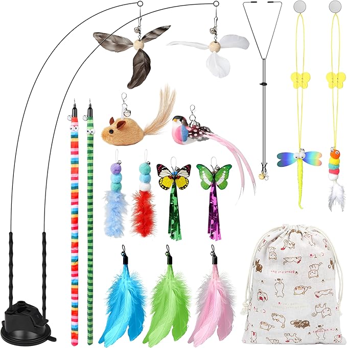 4-in-1 Interactive Cat Toys for Indoor Cat Feather Toys Suction Cup Cat Toys Simulation Feather Flying Bird Toy Replacements Cat Wand Toy for Kitten