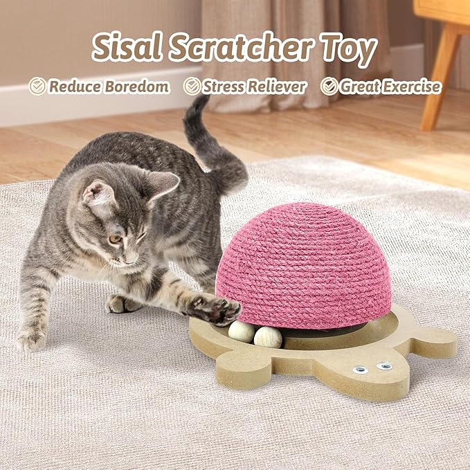 Fhiny Cats Scratching Ball, Natural Sisal Scratching Toy with Roller Track Toys and Wooden Base Kitten Turtle Shape Scratch Post for Indoor Cats Interactive Training Exercise Scratcher for Small Pets