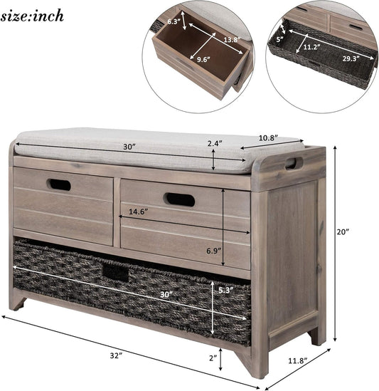 Storage Bench Removable Basket 2 Drawers Fully Assembled Acacia Wood Shoe Bench Standing Shoe Rack Removable Cushion for Living Room, Entrance Hallway, No Assembly Required White Washed