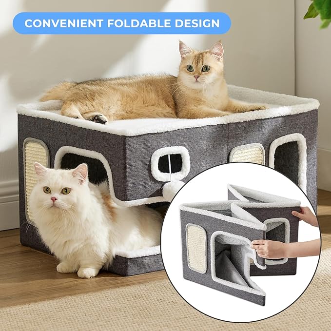 Extra-Wide Cat House for Indoor Cats - Large Cat House for Pet with Fluffy Ball Hanging and Scratch Pad, Foldable Cat Hideaway for Multi Cats, 23x16.5x13 inches, Grey