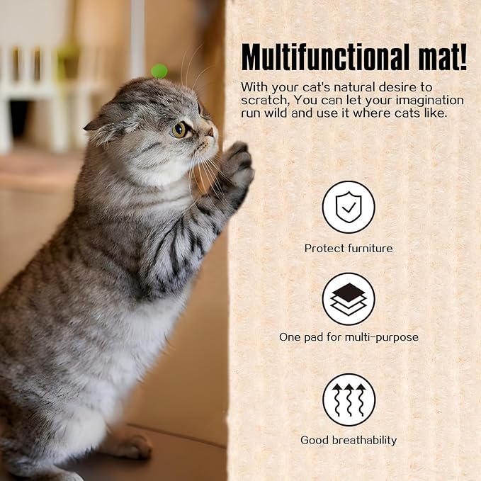 Cat Scratching Mat,Cat Scratch Furniture Protector, Trimmable Self-Adhesive Couch Protector,Carpet Replacement for Tree Shelves, Sofa and Scratching Post (78.7"x15.8",Beige)