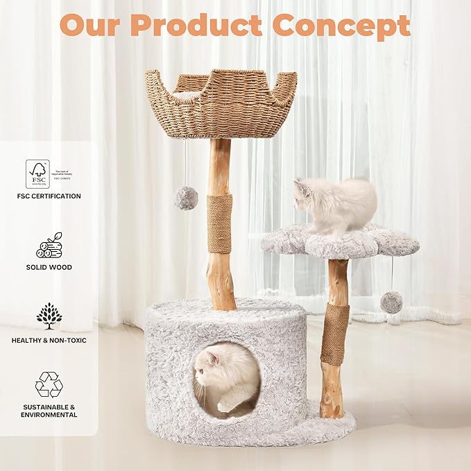 Easyego Modern Cat Tree, Aesthetic Wood Cat Tree Tower for Large Cats, Luxury Cat Condo with Scratching Posts and Flower Platforms, Cat Furniture by Easyego, (Rabbit Hair - Bullet Gray)