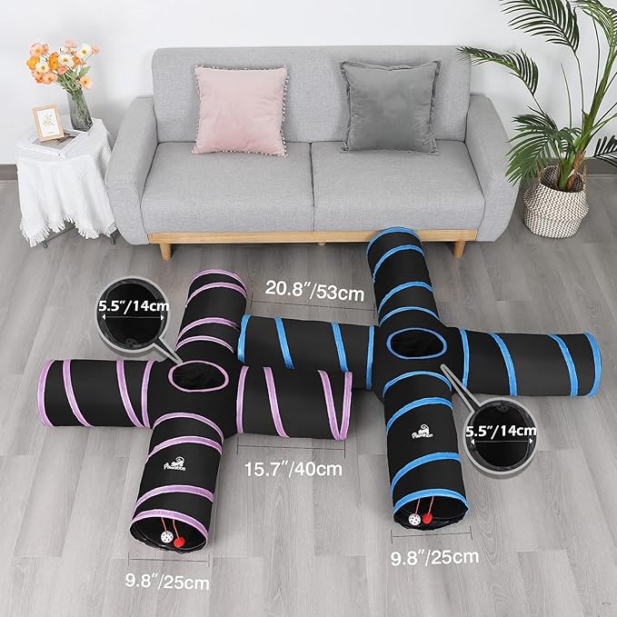 PAWABOO Cat Tunnel, Premium 4 Way Tunnels Extensible Collapsible Cat Play Tunnel Toy Maze Interactive Tube Toy Cat House with Pompon and Bells for Cat Puppy Kitten Rabbit, Black & Light Blue