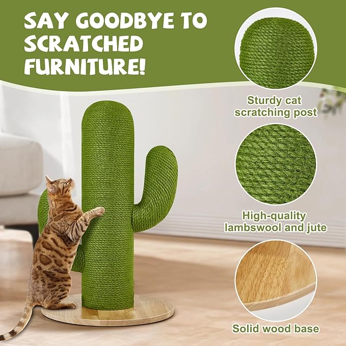 Cat Scratching Post with Solid Wood Base,27.55" Hx17.71 Lx17.71 W Tall Scratching Posts for Indoor Cats Adults,Cactus Thick Columns,Durable Lambswool and Jute,Large Scratcher Post (Small)