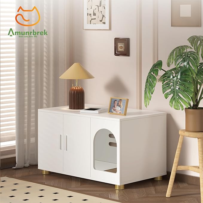 Cat Litter Box Enclosure Furniture, Modern Stackable Litter Box Cabinet with Cat Scratch Mat, Side Table (White)