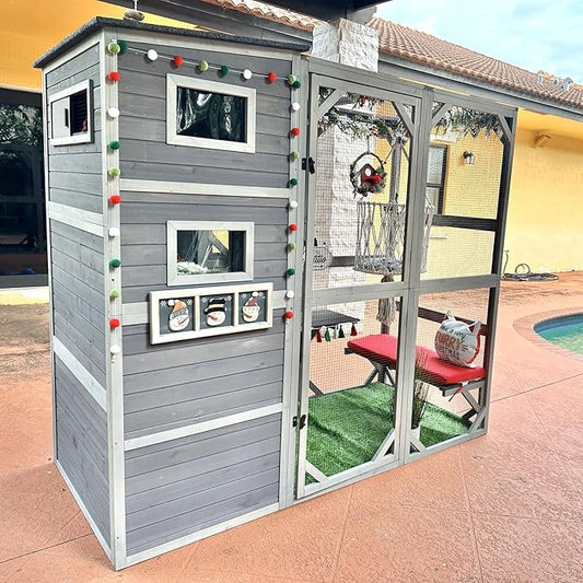 Catio Cat House Outdoor Kitty Enclosures 77" Large Cat Home with Run Cat Cage with Platforms Kitty Playpen,4 Tiers