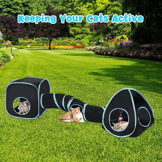 Rypet Cat Tunnels for Indoor Cats with Cube Tent, Interactive Collapsible Cat Tube and Foldable Cubes Playground for Hiding Hunting and Resting, Pet Tube with Bell for Kitten, Rabbit, Puppy, Ferret