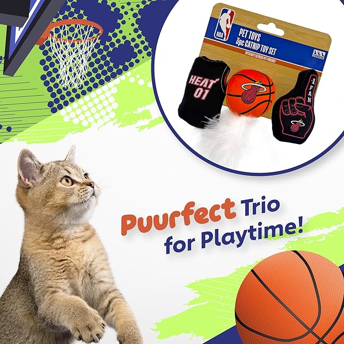 Best Plush CAT Toy - NBA Miami Heat Complete Set of 3 Piece Cat Toys Filled with Fresh Catnip. Includes: 1 Jersey Cat Toy, 1 Basketball Cat Toy with Feathers & 1#1 Fan Cat Toy. Beautiful Team Logos
