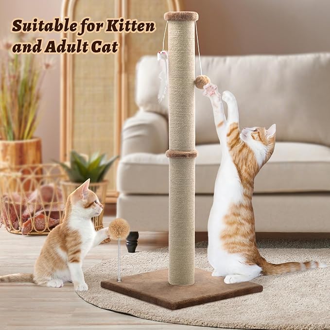 36'' Tall Cat Scratching Post, Large Sisal Scratch Post for Indoor Cats, Sturdy Cat Scratcher Tower, Vertical Cat Scratch Pole, Modern Cat Furniture for Kittens & Adult Cats (Brown)