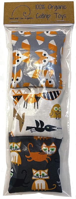 Organic Catnip Toys, Made with GOTS Certified Organic Fabric, Organic Catnip, Organic Thread, One package of 3 toys, Handmade in the USA