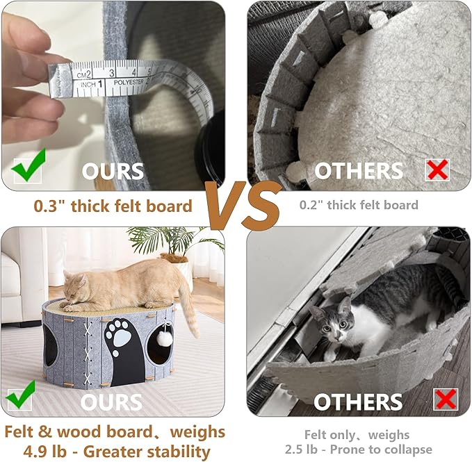 Cat House for Indoor Cats, 23" x 15" x 12" Large Felt Covered Cat Cave for Multiple Cats,Clawsable Enclosed Cat Hideout Houses & Condos with Fluffy Ball,Cozy Scratch Resistant House for kitty