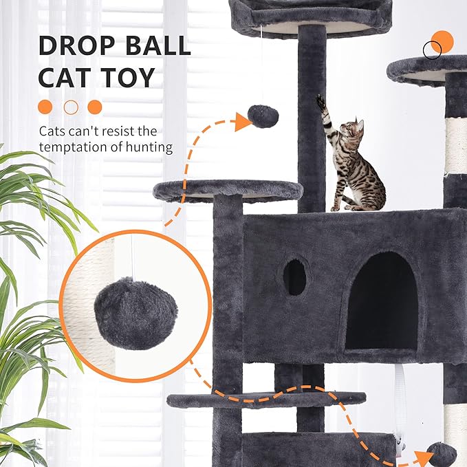 BestPet 70in Cat Tree Tower for Indoor Cats,Multi-Level Cat Furniture Activity Center with Cat Scratching Posts Stand House Cat Condo with Funny Toys for Kittens Pet Play House,Ashy