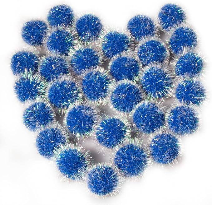 VAPKER 30 Pcs Cat Ball Toys Sparkle Balls Extra Large 2 Inch Cat's Favorite Chase Glitter Ball Glitter Tinsel Pom Poms Balls Dark Blue Color