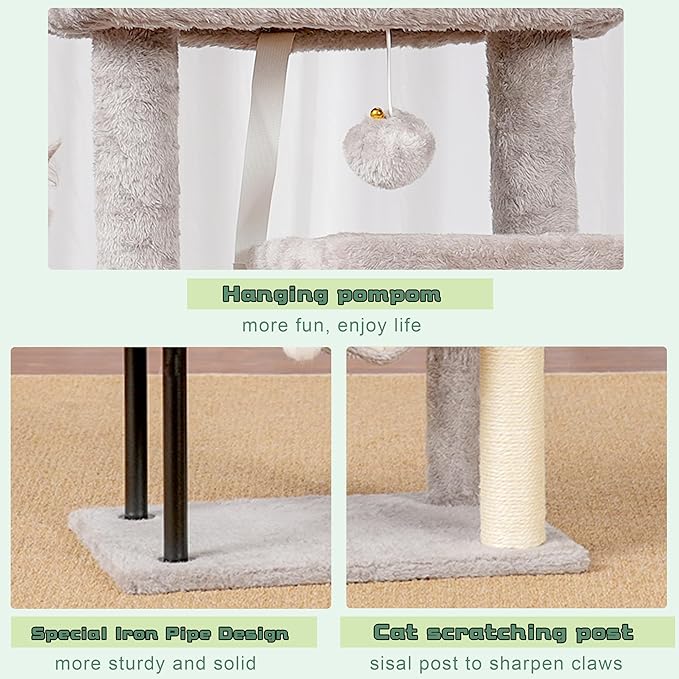 Cat Tree, Cat Tower for Indoor Cats, 43.3 inch Cat Tree Tower with Sturdy Steel Tube, Cat Hammock, Cat Condo for Small Cats and Kittens, Cat Scratching Post, Light Gray GCT004SW