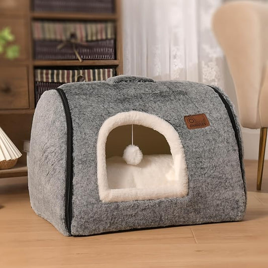 cat Bed cave-cat beds for Indoor Cats,Soft and Comfortable Cute cat Bed，cat House,with Removable Washable Cushioned Pillow,Enclosed Pet Bed,Kitten hut、Hideaway,Small Large Dog Tent (Dark Grey)
