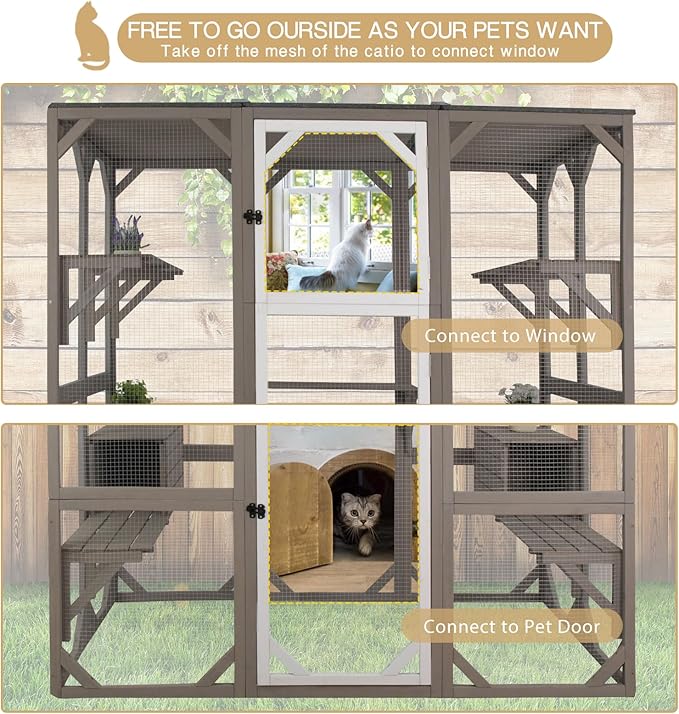 71" Catio Outdoor Cat Enclosure, Large Wooden Weatherproof Outdoor Cat Enclosure for Indoor Cats, Catios Attached to Window Catio for Cats, 7Platforms-71-Inch H